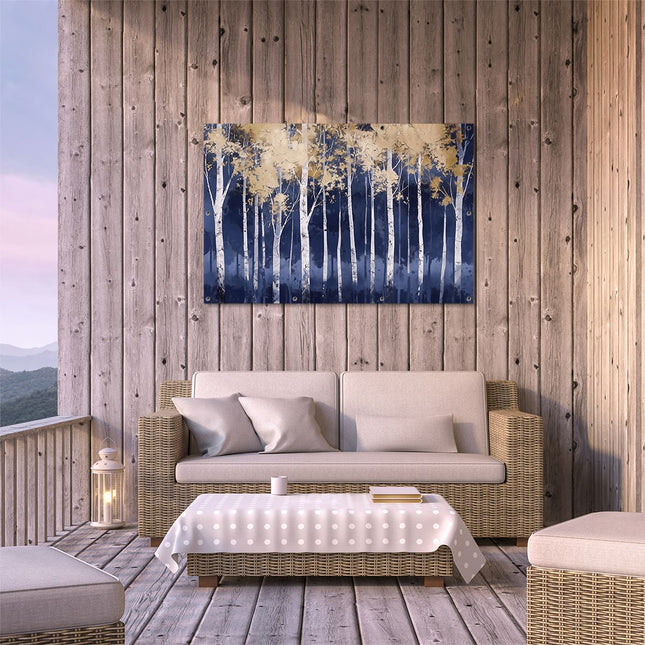 Tuinposter buiten terras Kunstwerk van Berkenbomen in Blauw en Goud