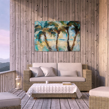 Tuinposter buiten terras Kunstwerk van Palmbomen op het Strand