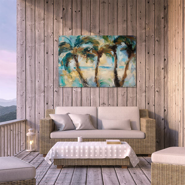 Tuinposter buiten terras Kunstwerk van Palmbomen op het Strand