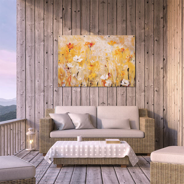 Tuinposter buiten terras Abstract Kunstwerk van Oranje en Witte Bloemen