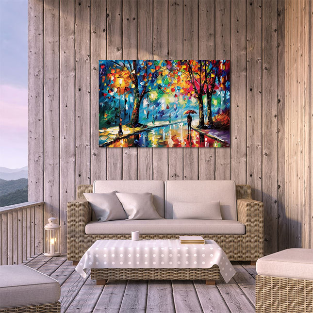 Tuinposter buiten terras Kunstwerk van een Persoon die in een Regenachtige Nacht door een Straat loopt