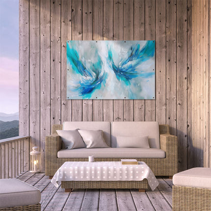 Tuinposter buiten terras Abstract Kunstwerk van Blauwe en Witte Vleugels