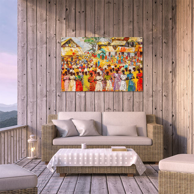 Tuinposter buiten terras Kunstwerk van een Groep Mensen in een Dorp