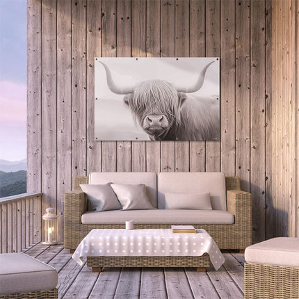 Tuinposter buiten terras Hooglandkoe met Lange Hoorns