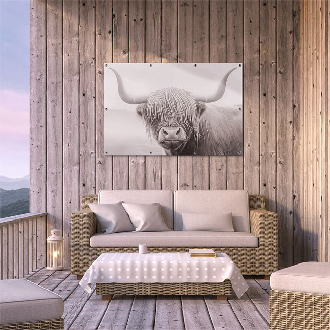 Tuinposter buiten terras Hooglandkoe met Lange Hoorns