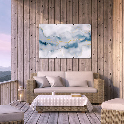 Tuinposter buiten terras Blauw en Goud Abstract Kunstwerk op een Witte Achtergrond