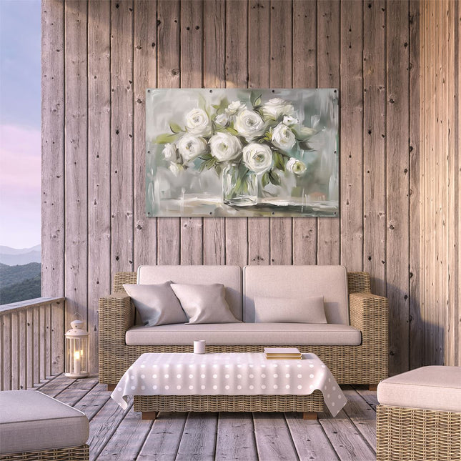 Tuinposter buiten terras Witte Rozen in een Vaas
