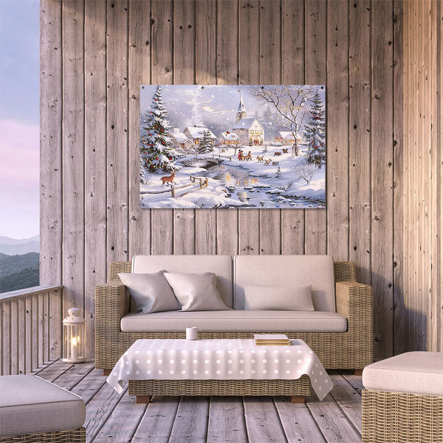 Tuinposter buiten terras Kunstwerk van een Dorp in de Sneeuw
