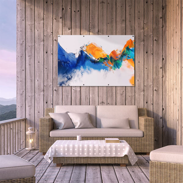 Tuinposter buiten terras Blauw, Oranje en Groen Artwork op een Witte Achtergrond