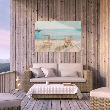 Tuinposter buiten terras Twee Schommelstoelen op een Houten Terras met Uitzicht op de Oceaan
