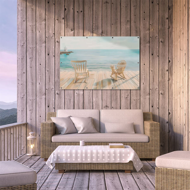 Tuinposter buiten terras Twee Schommelstoelen op een Houten Terras met Uitzicht op de Oceaan