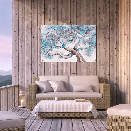 Tuinposter buiten terras Kunstwerk van een Boom met Blauwe en Rode Verf
