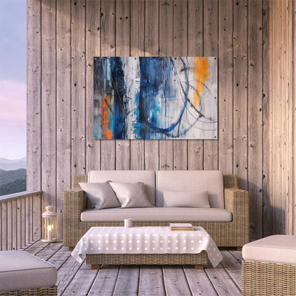 Tuinposter buiten terras Abstract Kunstwerk met Blauwe en Oranje Lijnen