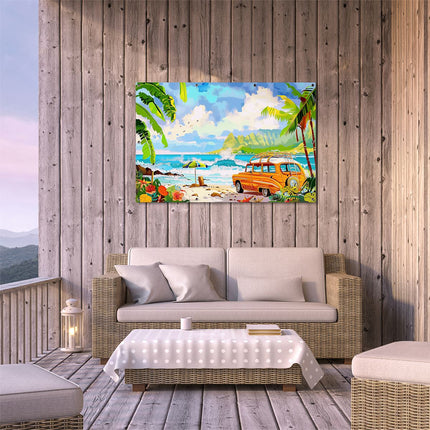 Tuinposter buiten terras Oranje Busje Geparkeerd op het Strand