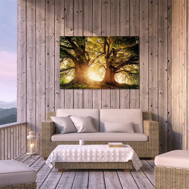 Tuinposter buiten terras De Zon schijnt door de Bomen
