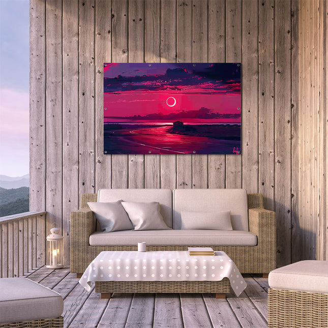 Tuinposter buiten terras De Zon gaat onder over een Weg