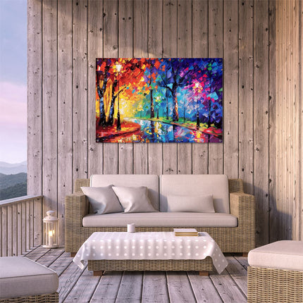 Tuinposter buiten terras Kleurrijk Kunstwerk van Bomen en Straatverlichting