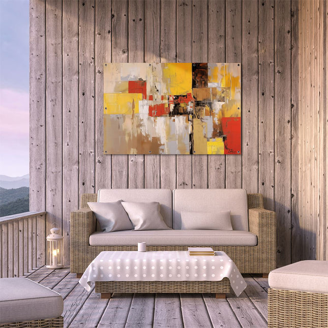Tuinposter buiten terras Abstract Kunstwerk met Rode, Gele en Bruine Vierkanten