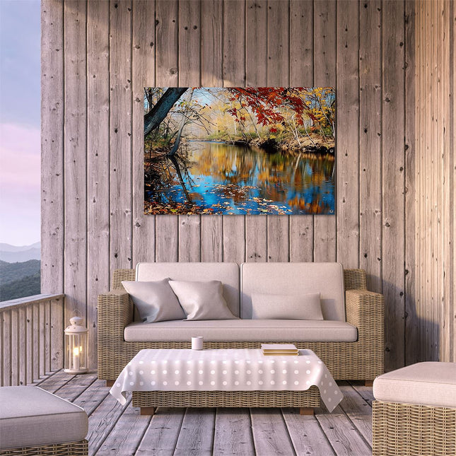 Tuinposter buiten terras Herfstbladeren Weerspiegeld in een Rivier