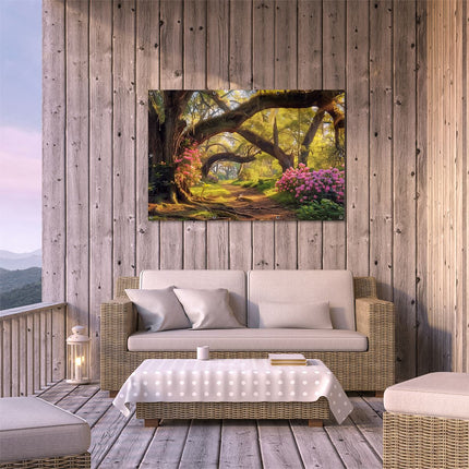 Tuinposter buiten terras Pad door een Bos met Bloemen