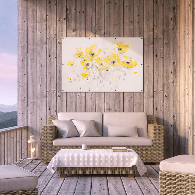 Tuinposter buiten terras Kunstwerk van Gele Bloemen op een Beige Achtergrond