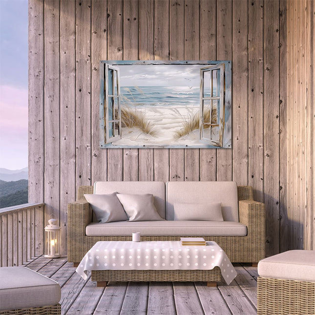 Tuinposter buiten terras Open Raam met Meeuwen en Zand