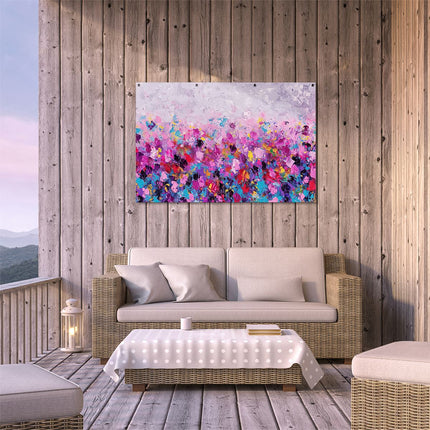 Tuinposter buiten terras Abstract Kunstwerk van Roze, Paarse en Blauwe Bloemen