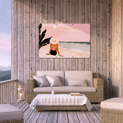 Tuinposter buiten terras Vrouw Zittend op het Strand