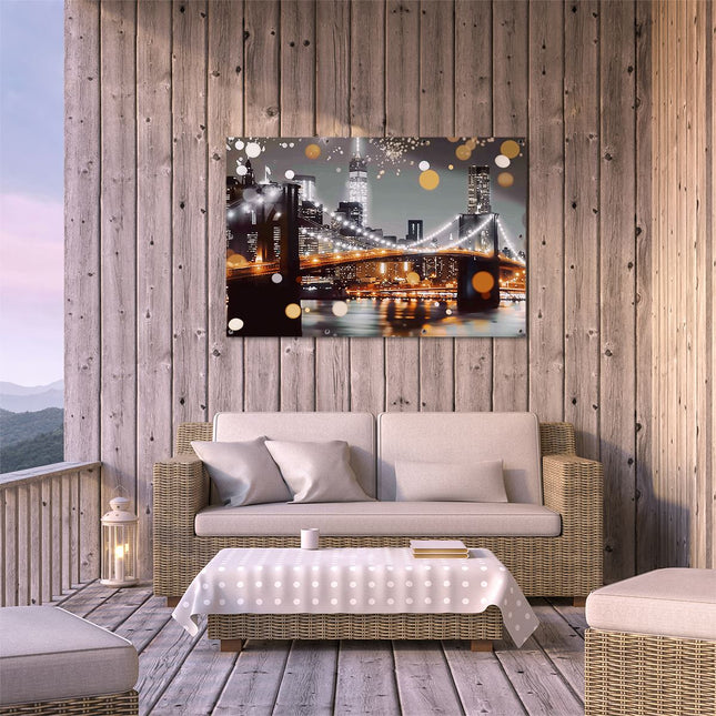 Tuinposter buiten terras De Brooklyn Bridge is Verlicht met Verlichting