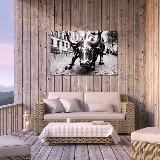 Tuinposter buiten terras Zwart Wit Beeld van een Stierstandbeeld