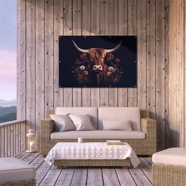 Tuinposter buiten terras Koe met Hoorns en Bloemen