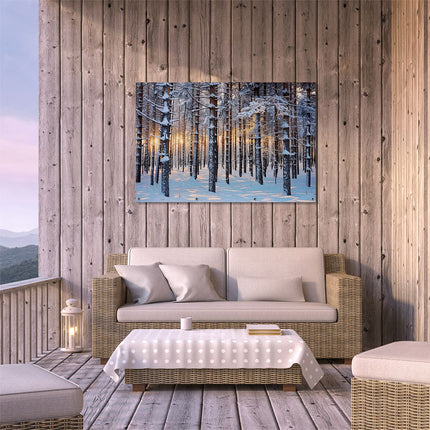 Tuinposter buiten terras De Zon schijnt door een met Sneeuw Bedekt Bos