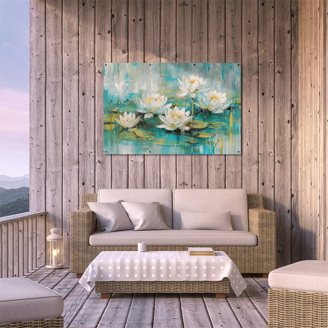 Tuinposter buiten terras Witte Waterlelies in het Water
