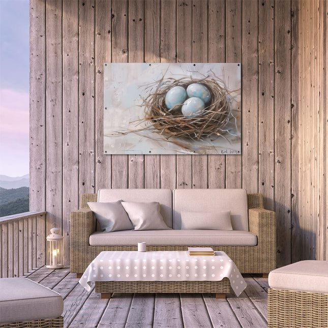 Tuinposter buiten terras Drie Blauwe Eieren in een Nest