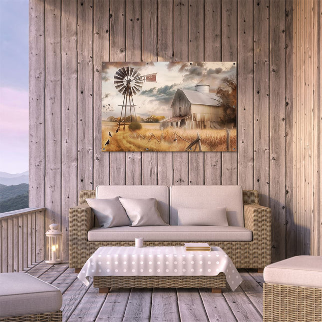 Tuinposter buiten terras Boerderij met een Windmolen en Kraaien