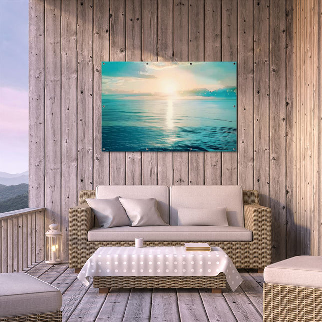 Tuinposter buiten terras De Zon gaat onder boven de Oceaan