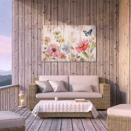 Tuinposter buiten terras Kunstwerk van Bloemen en een Vlinder op een Houten Muur