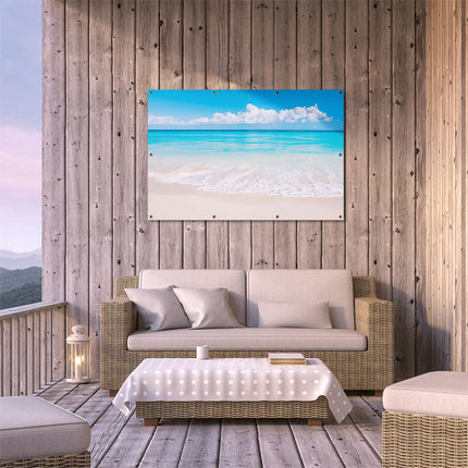 Tuinposter buiten terras Wit Zandstrand met Blauw Water