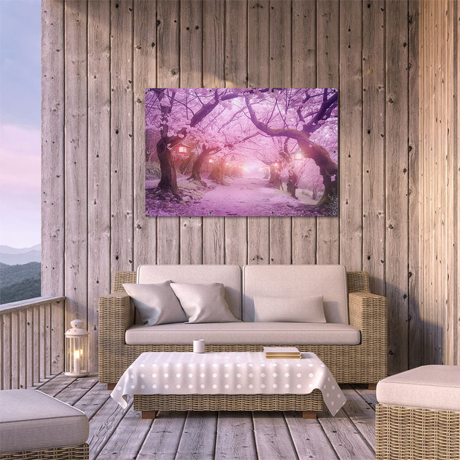 Tuinposter buiten terras Sakura Bloeit op een Pad met Lantaarns