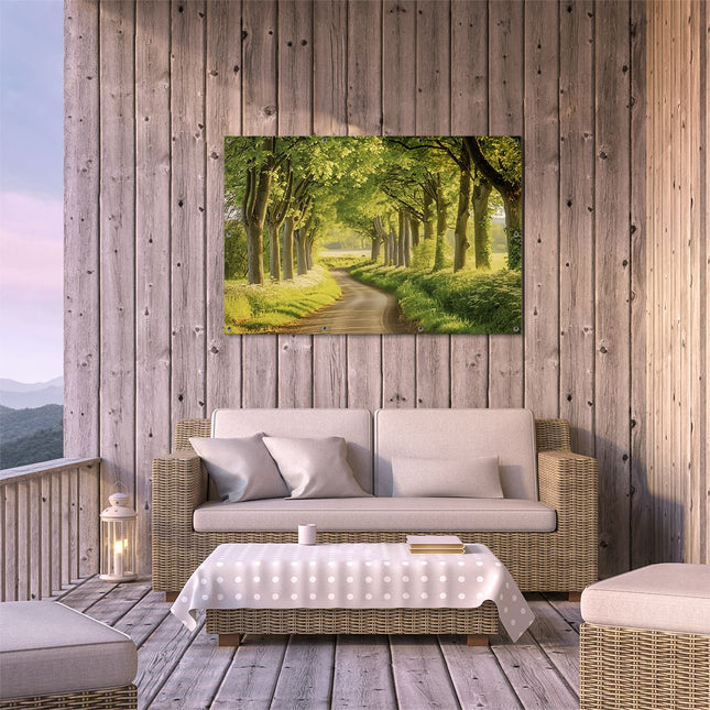 Tuinposter buiten terras Weg Omzoomd met Bomen