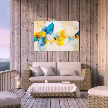 Tuinposter buiten terras Abstract Kunstwerk van Blauwe en Gele Bloemen