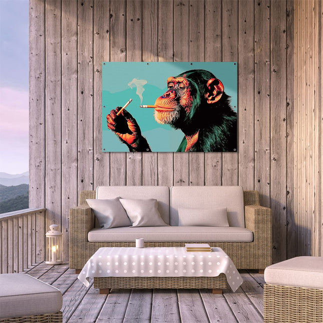 Tuinposter buiten terras Chimpansee die een Sigaret Rookt