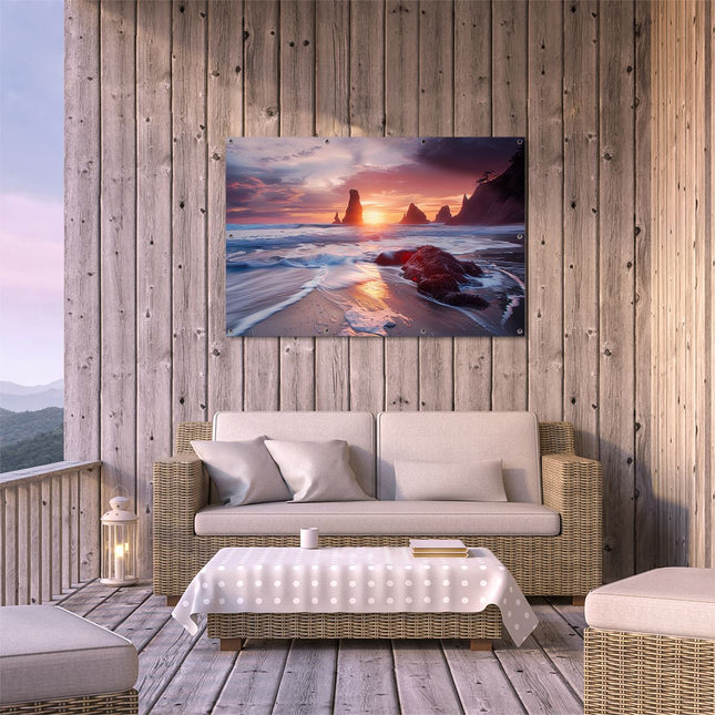Tuinposter buiten terras De Zon gaat onder boven een Strand