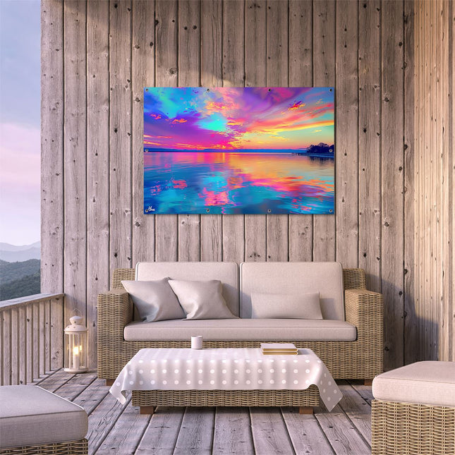 Tuinposter buiten terras Kleurrijke Zonsondergang over een Watermassa