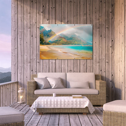 Tuinposter buiten terras Regenboog boven een Strand in Hawaï