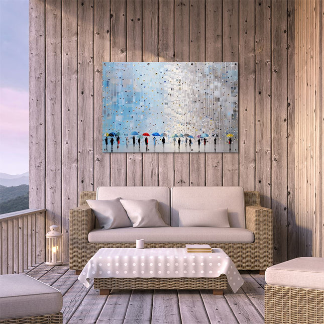 Tuinposter buiten terras Mensen die Paraplu's Vasthouden in de Regen