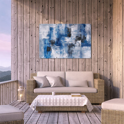 Tuinposter buiten terras Abstract Kunstwerk van Blauwe en Witte Vierkanten