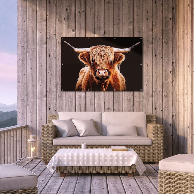 Tuinposter buiten terras Schotse Hooglandkoe met Lange Hoorns
