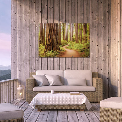 Tuinposter buiten terras Pad door een Sequoiabos