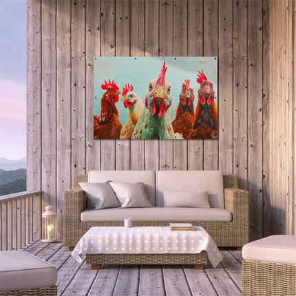 Tuinposter buiten terras Kunstwerk van een Groep Kippen